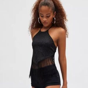 Black Lace Lined Fringe Halter Top